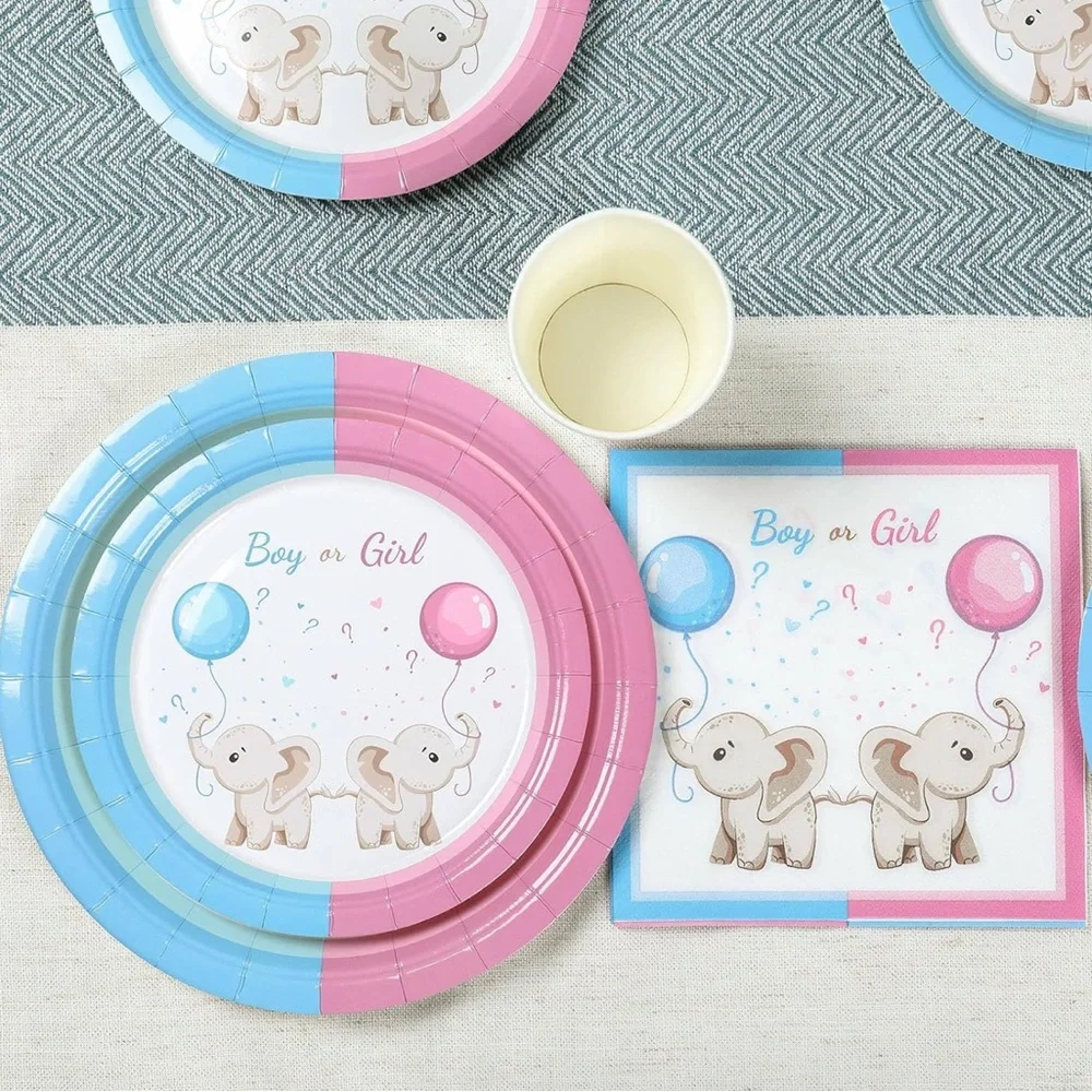 Baby Gender Decoration Kit 96 Pieces, Pink and Blue Plates Set, Boy or Girl Cups